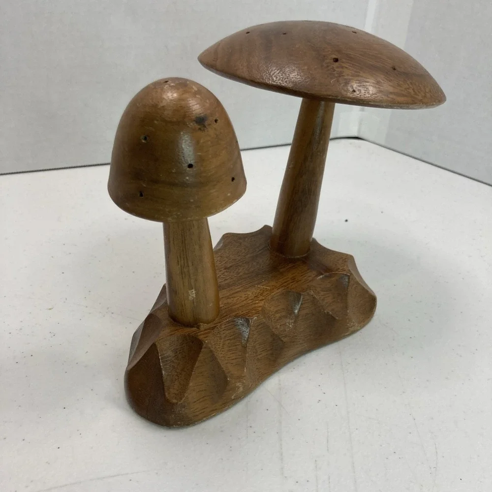 Vtg Mushroom MCM Monkey Pod Wood Tree Philippines 60s Appetizer Toothpick Holder